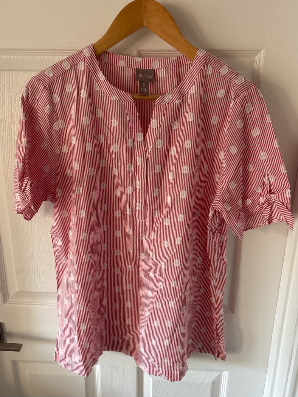 Chico's Red & White Striped Polka Dot Popover Blouse Cuffed Size 2 (L/12)